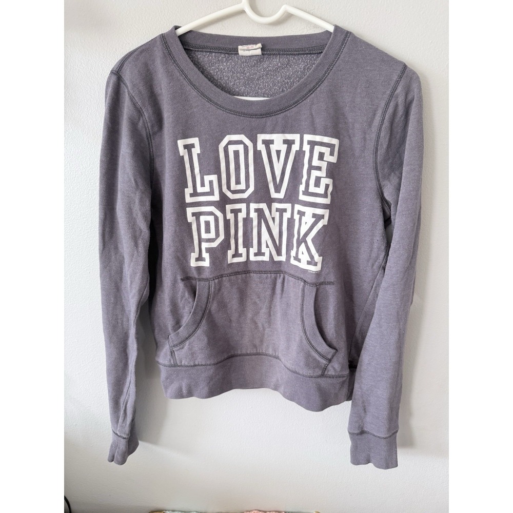 Victoria's‎ Secret VS PINK Pullover Sweatshirt Gray Medium 2010 Y2K Pocket Logo